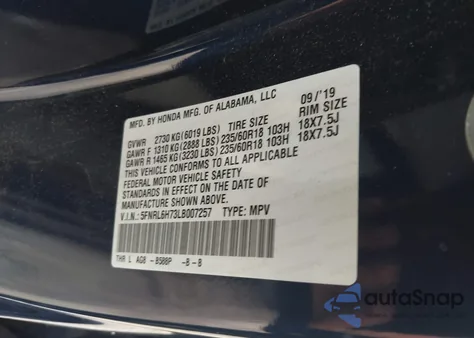 2020 Honda Odyssey Ex-L/Ex-L W/Navi Res из США, поврежденный, VIN 5FNRL6H73LB007257